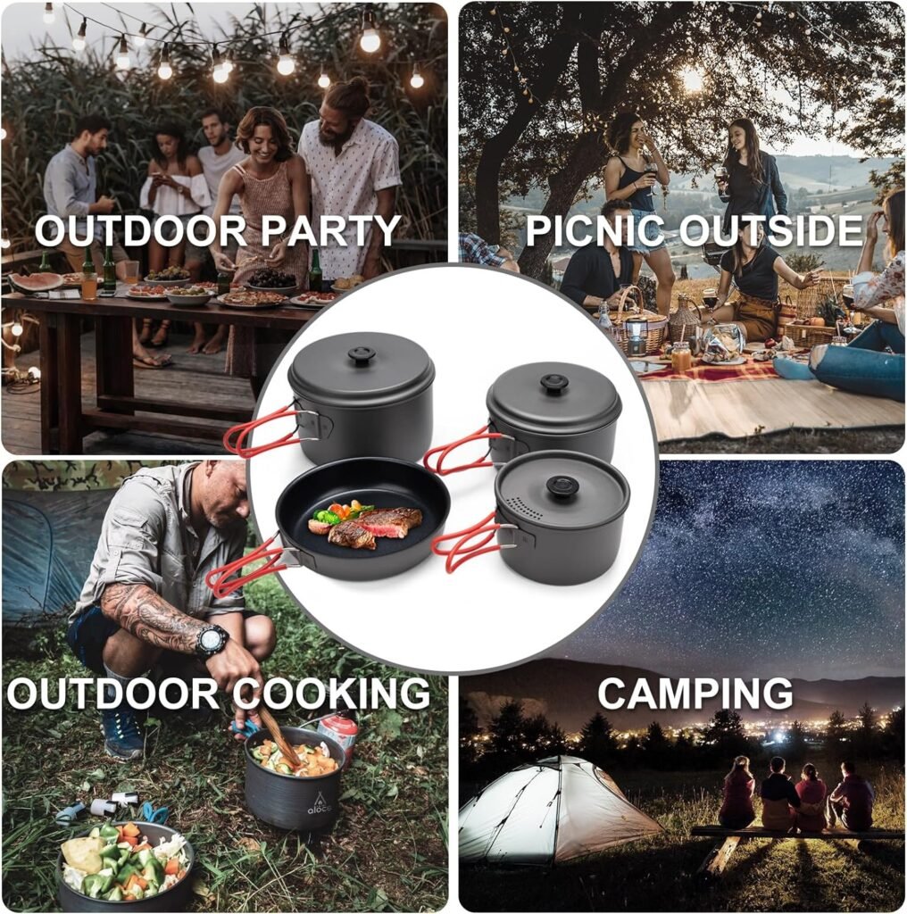 Alocs Camping Cookware Set Camping Gear, Compact Camping Pots and Pans Set, Durable Hard Alumina Camping Cooking Set for Outdoor Backpacking Camping Hiking Picnic, Included Mesh Carry Bag.
