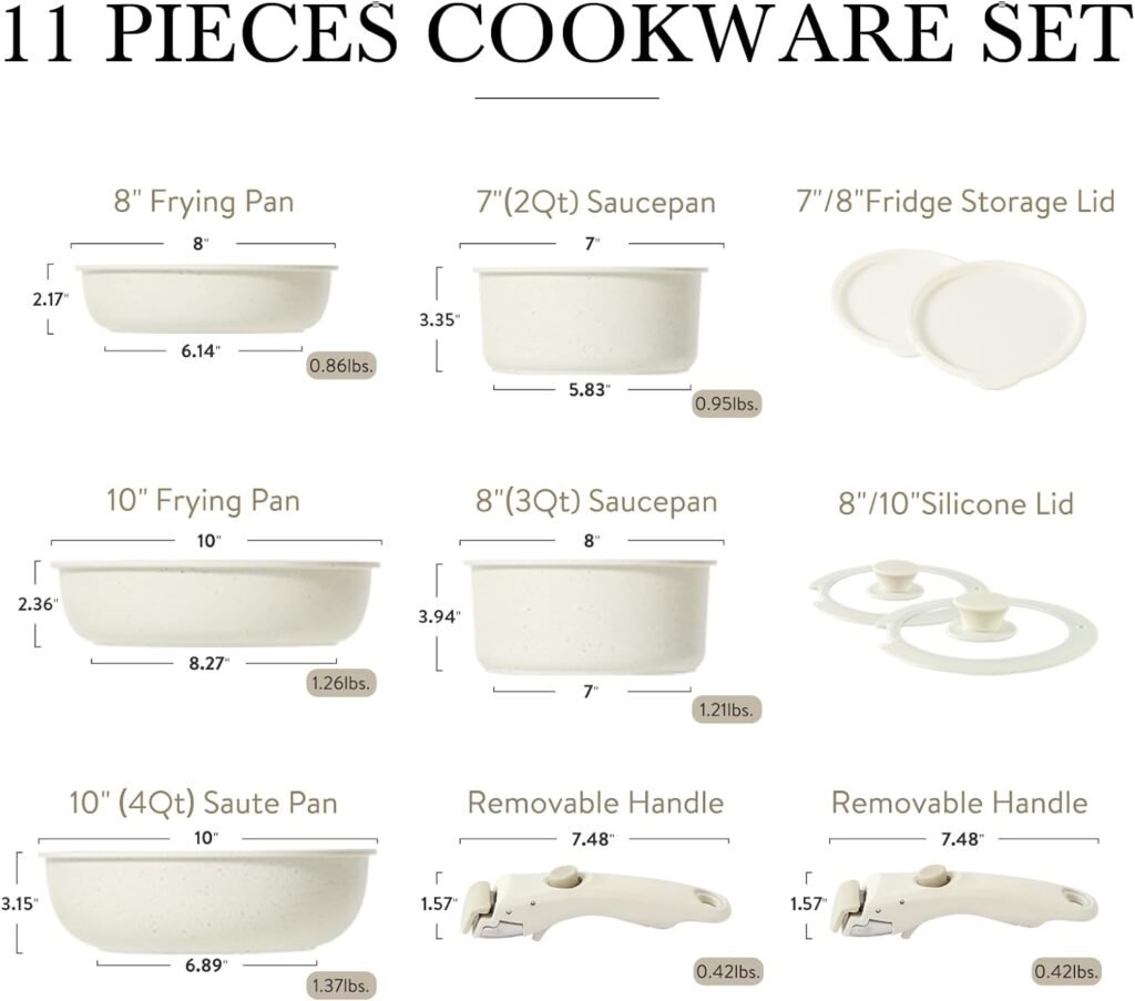 CAROTE 11pcs Pots and Pans Set, Nonstick Cookware Sets Detachable Handle, Induction RV Kitchen Set Removable Handle, Oven Safe, Cream White