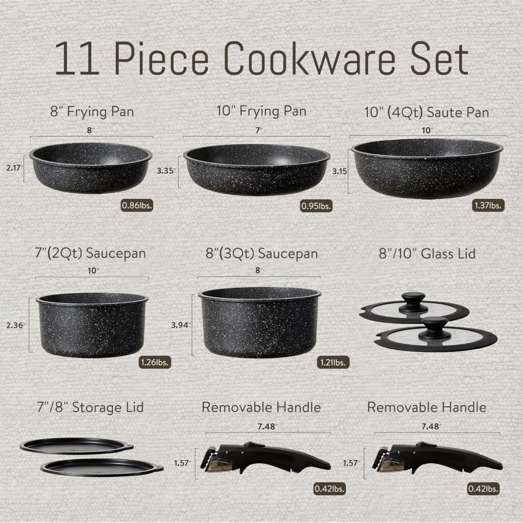CAROTE 11pcs Pots and Pans Set, Nonstick Cookware Sets Detachable Handle, Induction RV Kitchen Set Removable Handle, Oven Safe, Cream White