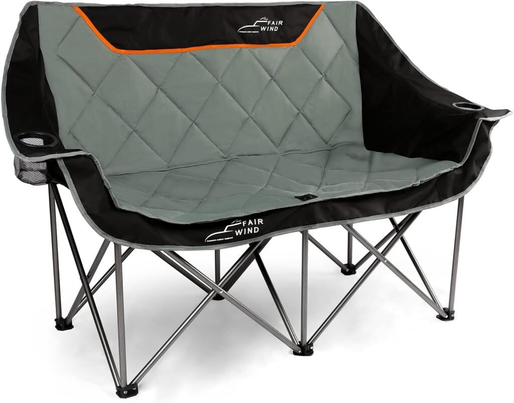 FAIR WIND Oversized Fully Padded Camping Chair Folding Loveseat Camping Couch Double Duo Chair Heavy Duty Quad Fold Chair Arm Chair with Cup Hold - Supports 650 LBS Black