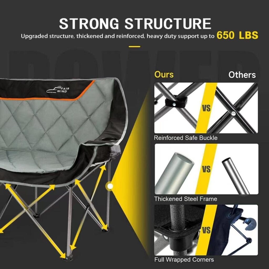 FAIR WIND Oversized Fully Padded Camping Chair Folding Loveseat Camping Couch Double Duo Chair Heavy Duty Quad Fold Chair Arm Chair with Cup Hold - Supports 650 LBS Black