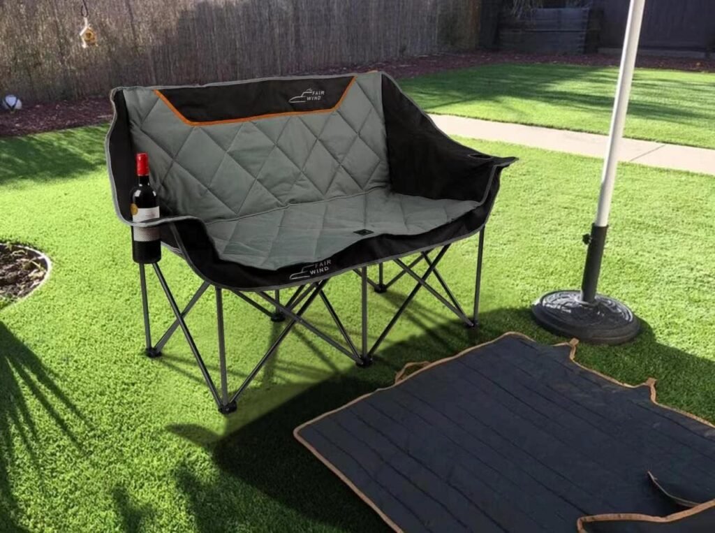 FAIR WIND Oversized Fully Padded Camping Chair Folding Loveseat Camping Couch Double Duo Chair Heavy Duty Quad Fold Chair Arm Chair with Cup Hold - Supports 650 LBS Black