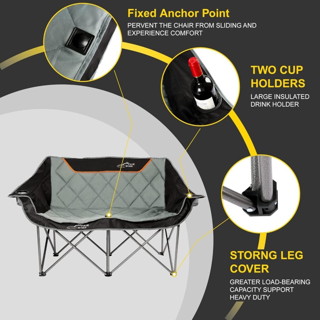 FAIR WIND Oversized Fully Padded Camping Chair Folding Loveseat Camping Couch Double Duo Chair Heavy Duty Quad Fold Chair Arm Chair with Cup Hold - Supports 650 LBS Black