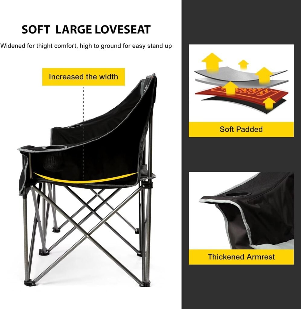 FAIR WIND Oversized Fully Padded Camping Chair Folding Loveseat Camping Couch Double Duo Chair Heavy Duty Quad Fold Chair Arm Chair with Cup Hold - Supports 650 LBS Black
