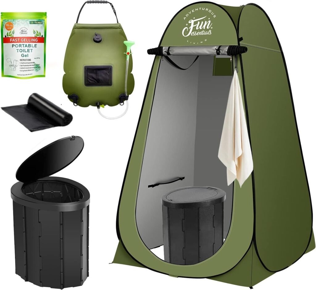 FUN ESSENTIALS Portable Toilet Kit With Solar Shower Bag, 5 Pcs, XL Pop up Privacy Tent, XL Folding Toilet, 5 Gallon Shower Bag, 10 Pack Liquid Waste Gel, 12 Toilet Bags, Outdoor, Camping, Easy Set Up