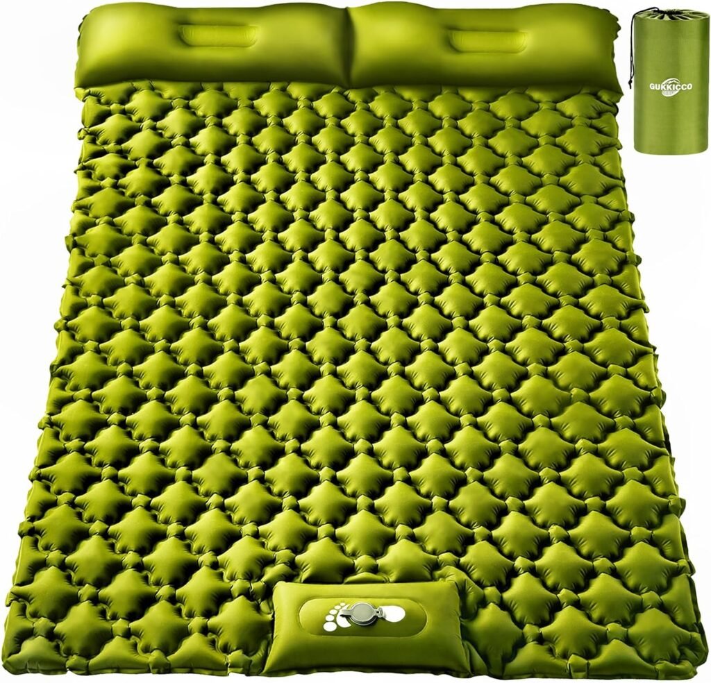 Gukkicco Camping Sleeping Pad, Ultralight Self Inflating Camping Pad 2 Person with Pillow Built-in Foot Pump for Camping, Hiking - Airpad, Carry Bag, Repair Kit1