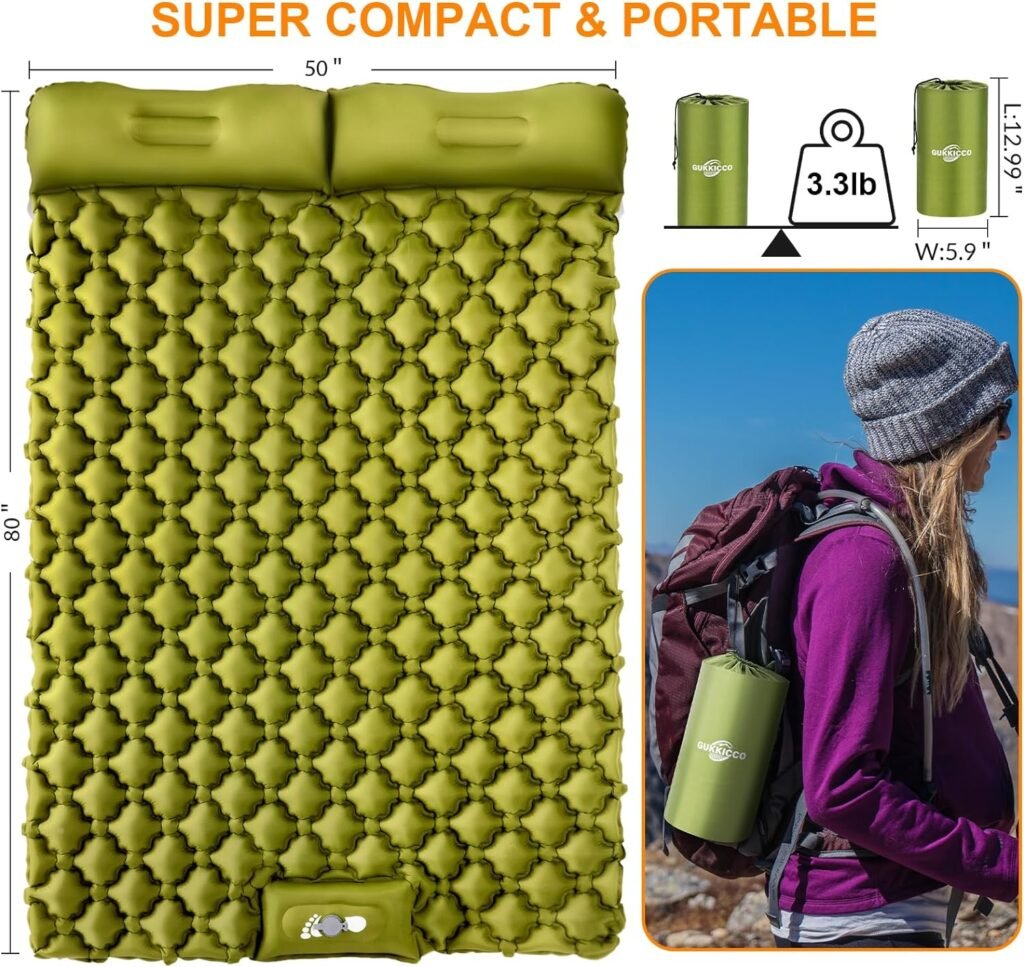 Gukkicco Camping Sleeping Pad, Ultralight Self Inflating Camping Pad 2 Person with Pillow Built-in Foot Pump for Camping, Hiking - Airpad, Carry Bag, Repair Kit1