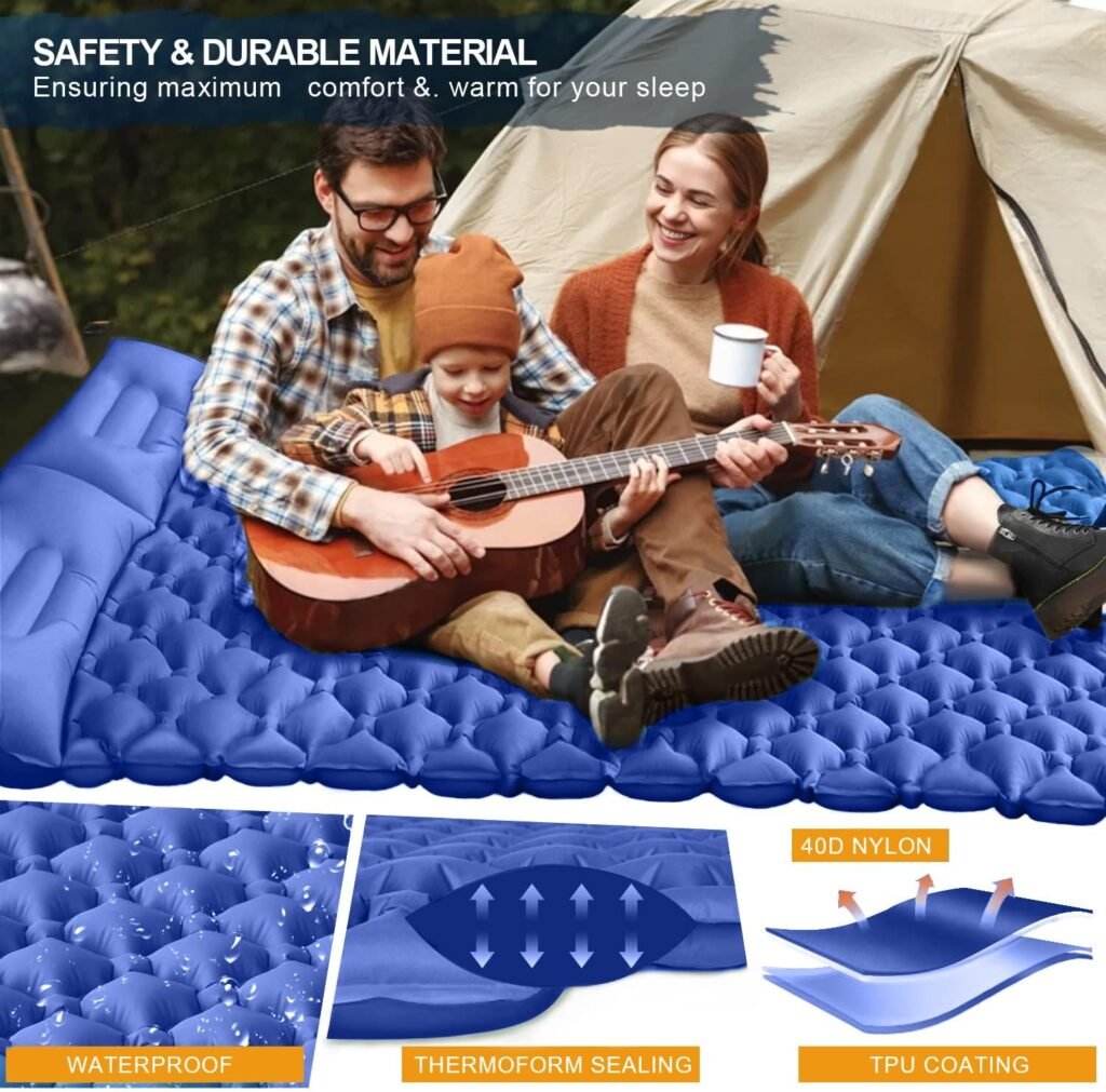 Gukkicco Camping Sleeping Pad, Ultralight Self Inflating Camping Pad 2 Person with Pillow Built-in Foot Pump for Camping, Hiking - Airpad, Carry Bag, Repair Kit1