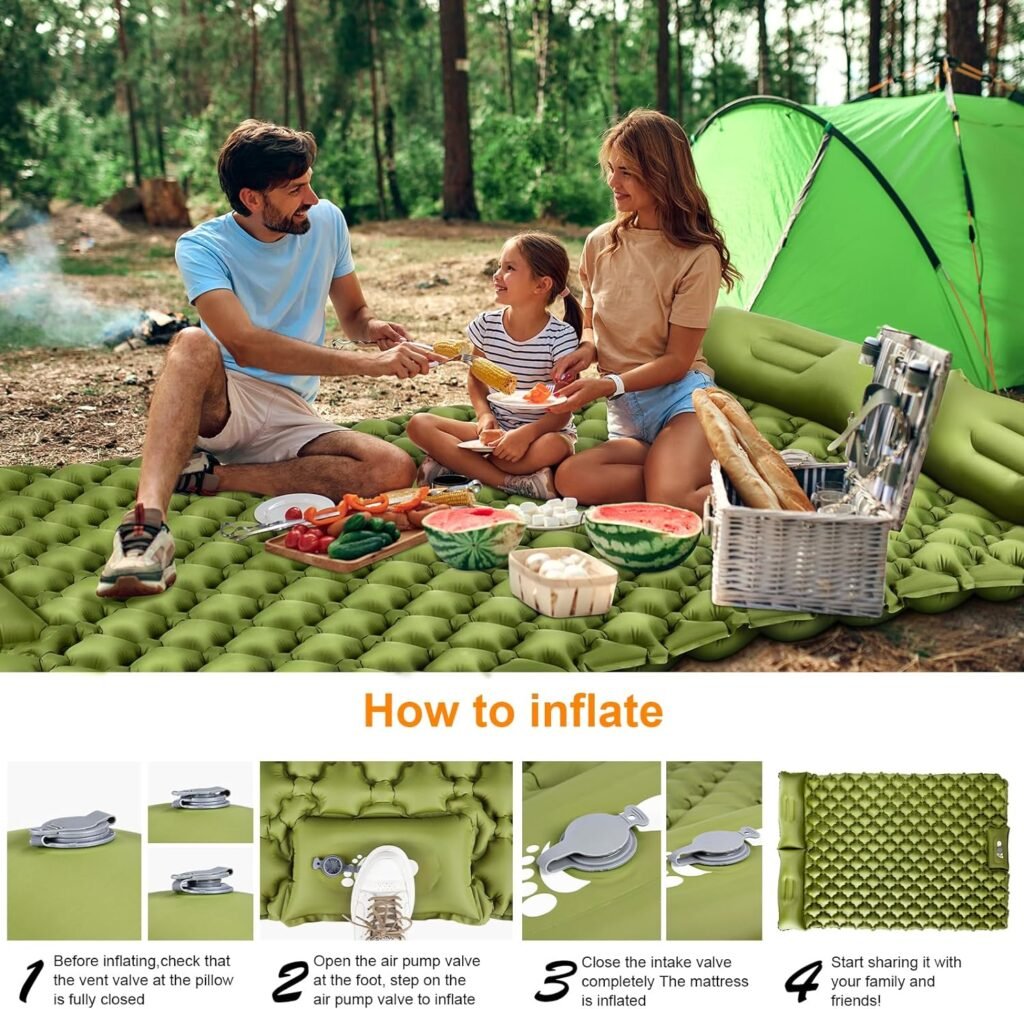Gukkicco Camping Sleeping Pad, Ultralight Self Inflating Camping Pad 2 Person with Pillow Built-in Foot Pump for Camping, Hiking - Airpad, Carry Bag, Repair Kit1
