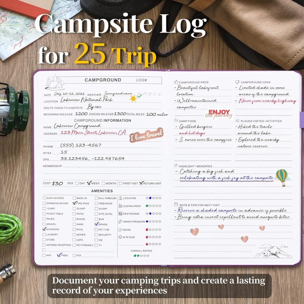 JUBTIC Camping Journal and RV Travel Log Book, A5 Adventure Journal for 25 Camping, Hiking Journal, Family Travel Books Camper Essentials Camping Gifts for Women-Dark Green