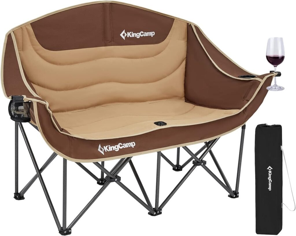 KingCamp Double Camping Chair Loveseat Heavy Duty for Adults Two Person Outdoor Folding Chairs with Cup Holder Wine Glass Holder Support 440 lbs for Outside Picnic Beach Travel(Coffee)