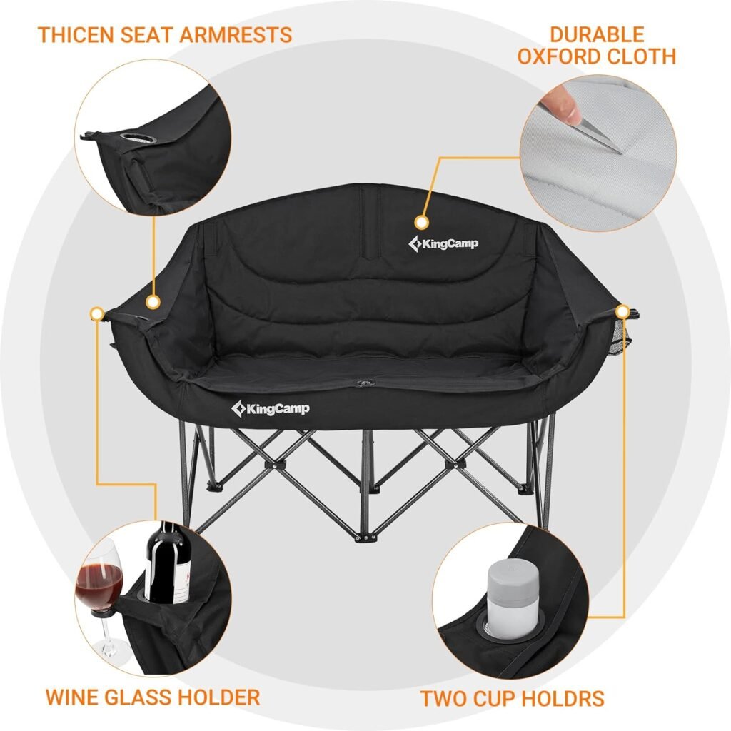 KingCamp Double Camping Chair Loveseat Heavy Duty for Adults Two Person Outdoor Folding Chairs with Cup Holder Wine Glass Holder Support 440 lbs for Outside Picnic Beach Travel(Coffee)