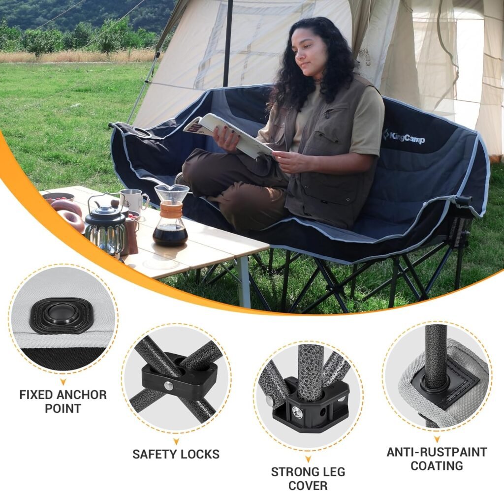 KingCamp Double Camping Chair Loveseat Heavy Duty for Adults Two Person Outdoor Folding Chairs with Cup Holder Wine Glass Holder Support 440 lbs for Outside Picnic Beach Travel(Coffee)