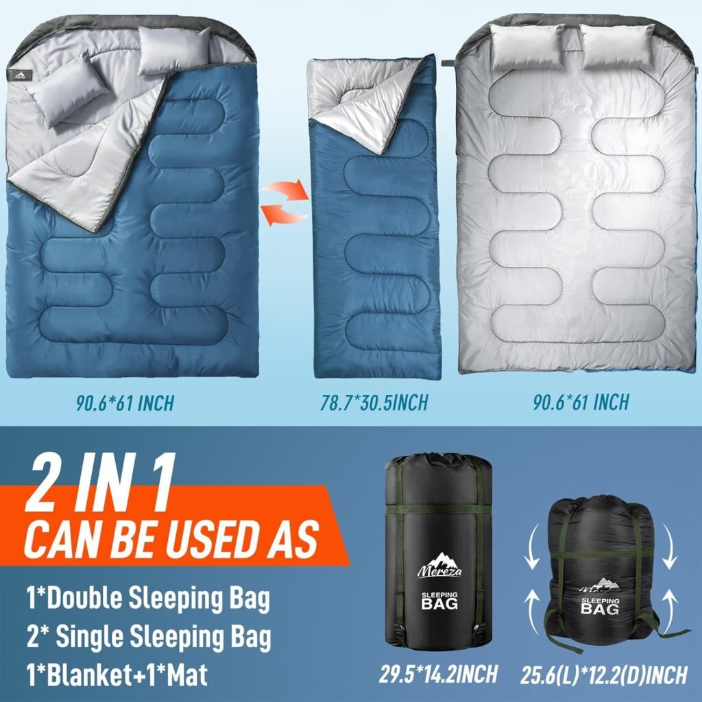 MEREZA Double Sleeping Bag for Adults Mens with Pillow, XL Queen Size Two Person Sleeping Bag for All Season Camping Hiking Backpacking 2 Person Sleeping Bags for Cold Weather  Warm