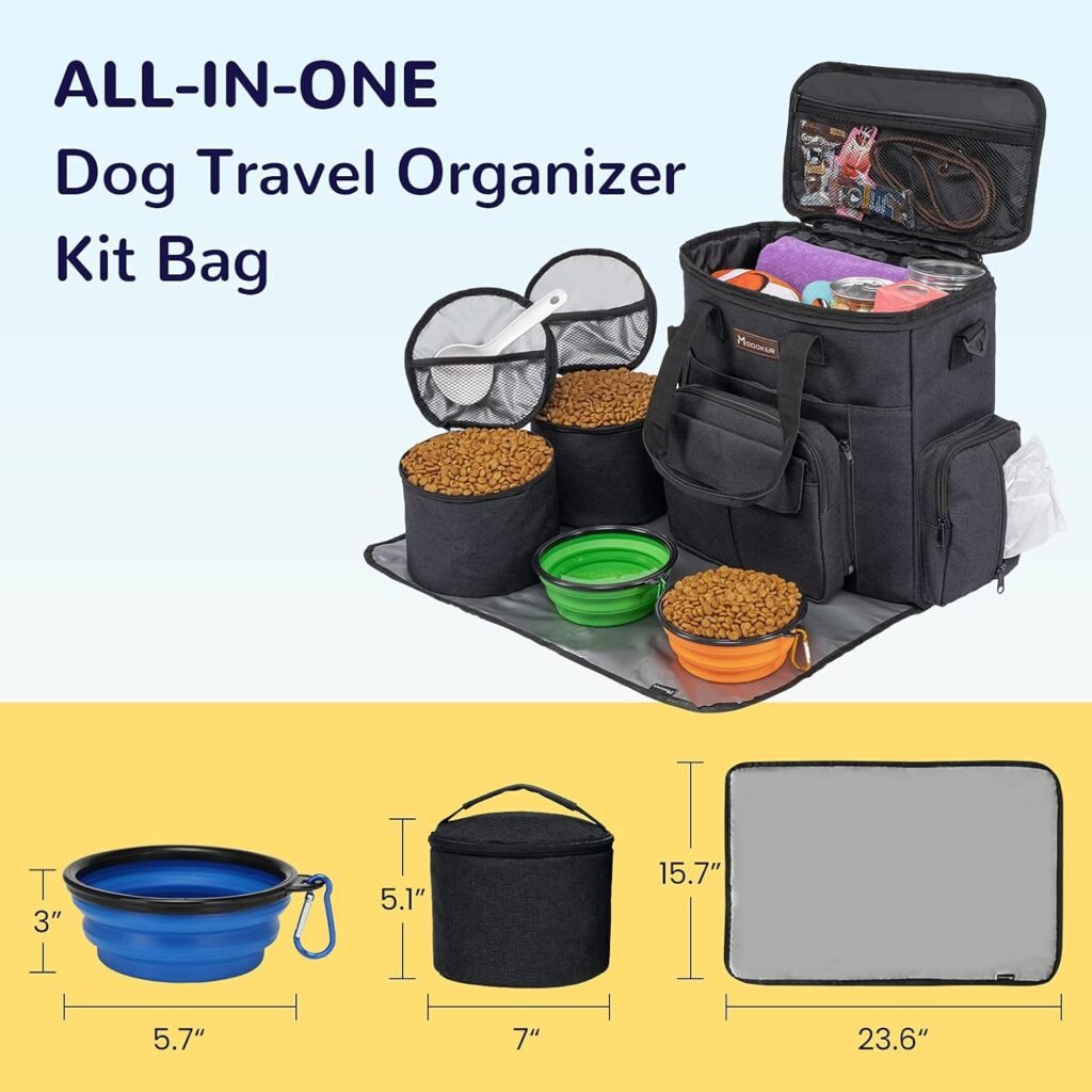 Modoker Dog Travel Bag, Weekend Pet Travel Set for Dog and Cat, Airline Approved Tote Organizer with Multi-Function Pockets, 2 Food Storage Containers, 2 Collapsible Bowls, 1 Feeding Mat (Grey)