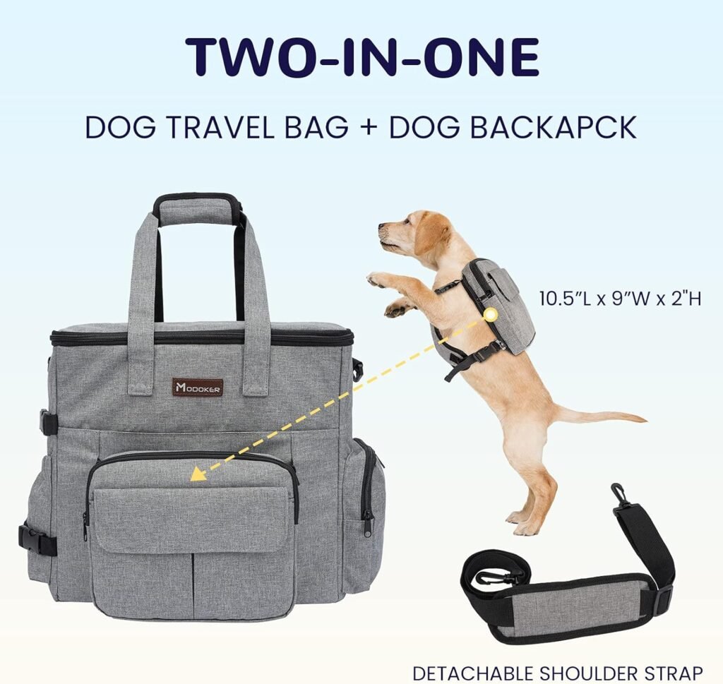 Modoker Dog Travel Bag, Weekend Pet Travel Set for Dog and Cat, Airline Approved Tote Organizer with Multi-Function Pockets, 2 Food Storage Containers, 2 Collapsible Bowls, 1 Feeding Mat (Grey)