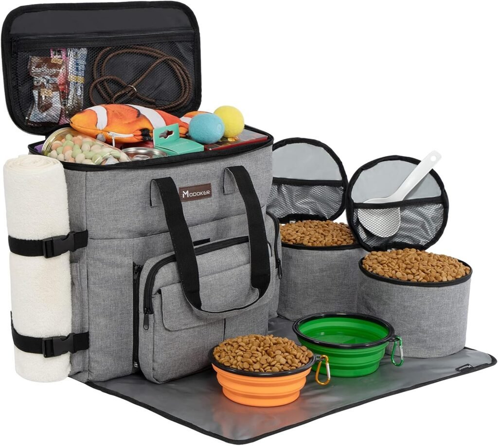 Modoker Dog Travel Bag, Weekend Pet Travel Set for Dog and Cat, Airline Approved Tote Organizer with Multi-Function Pockets, 2 Food Storage Containers, 2 Collapsible Bowls, 1 Feeding Mat (Grey)