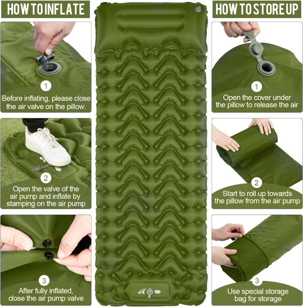 MOXILS Sleeping Pad Ultralight Inflatable, 75X25, Built-in Pump, Ultimate for Camping, Hiking - Airpad, Carry Bag, Repair Kit - Compact  Lightweight Air Mattress(Green)