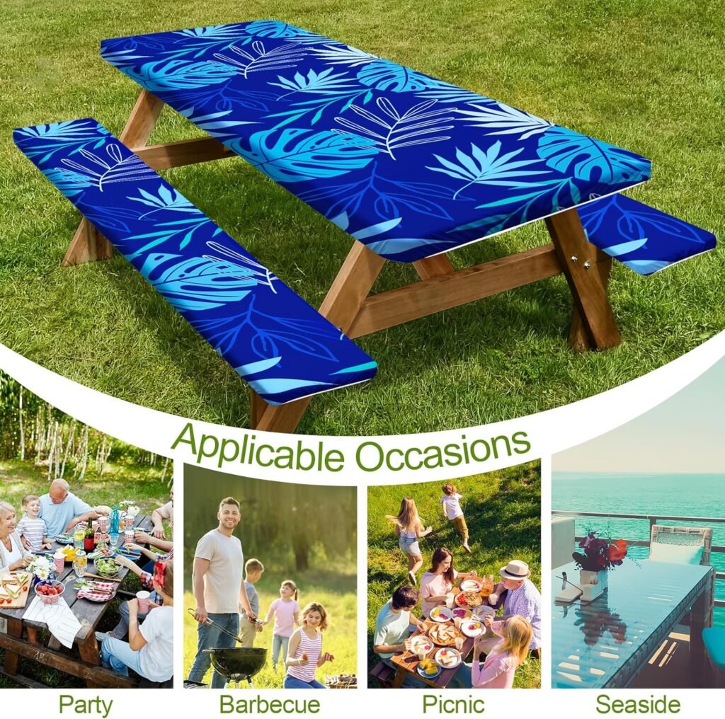 Picnic Table Cover with Bench Covers Camping Essentials Waterproof Windproof Camping Tablecloth with Drawstring Bag, Fitted Rectangle Tables and Seats, 72in, Green Blue