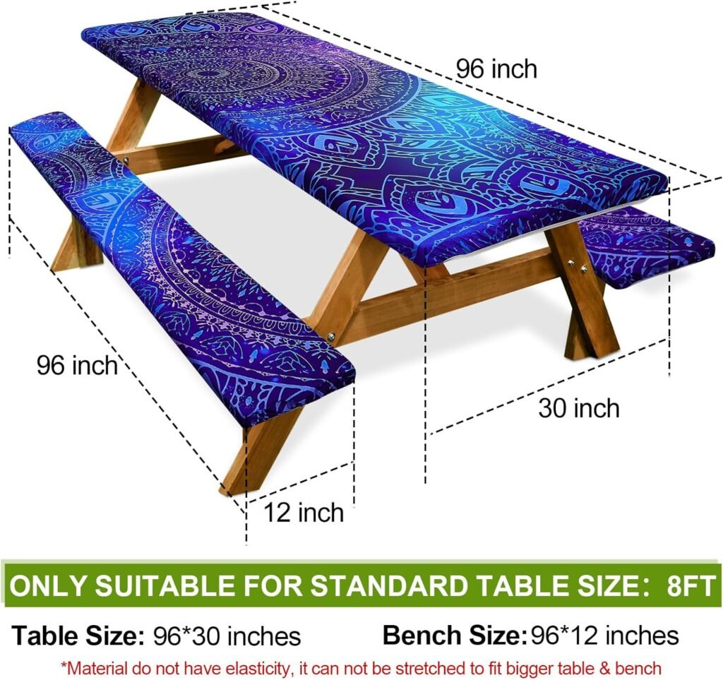 Picnic Table Cover with Bench Covers Camping Essentials Waterproof Windproof Camping Tablecloth with Drawstring Bag, Fitted Rectangle Tables and Seats, 72in, Green Blue