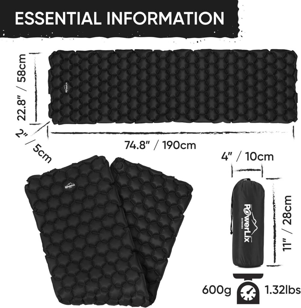 POWERLIX Sleeping Pad – Ultralight Inflatable Sleeping Mat, Ultimate for Camping, Backpacking, Hiking – Airpad, Inflating Bag, Carry Bag, Repair Kit – Compact  Lightweight Air Mattress