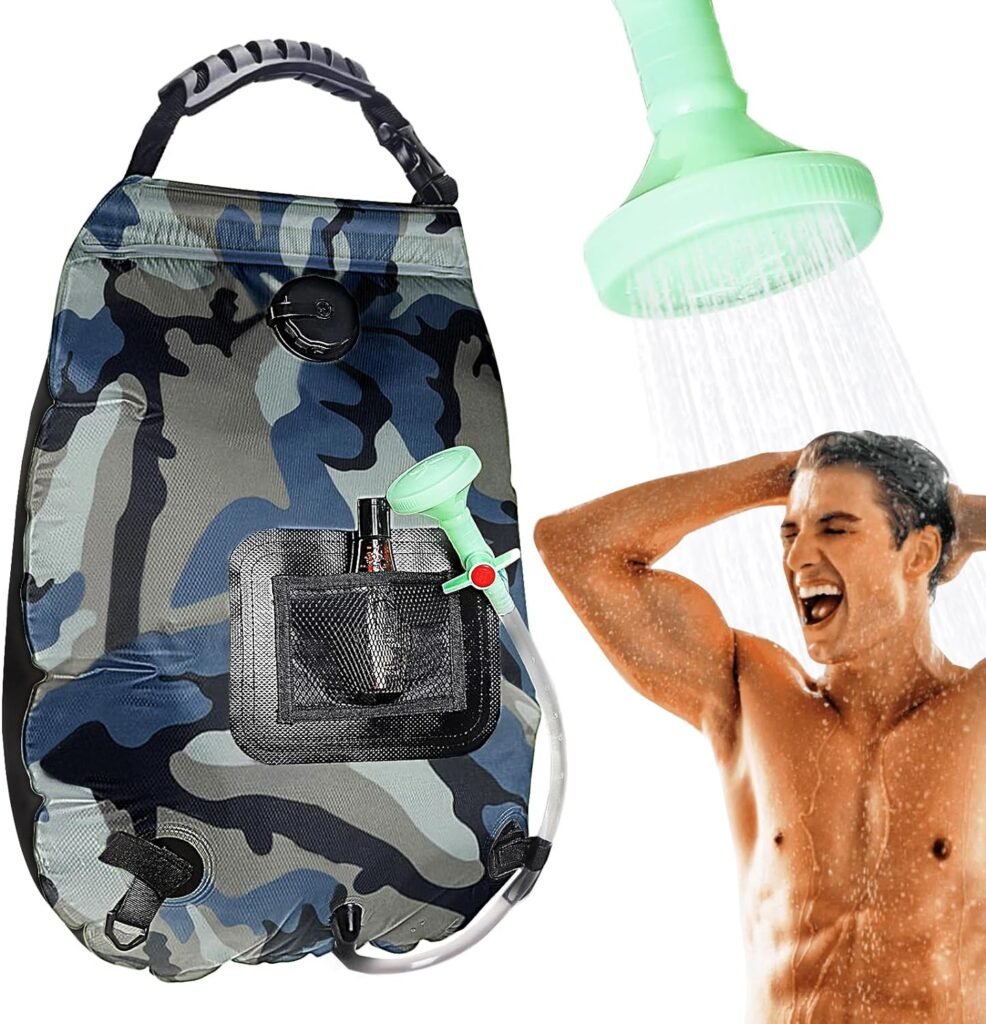 Unniweei Solar Portable Shower Bag, 5 Gal/20L Solar Heating Camping Shower Bag with Removable HoseOn-Off Switchable Shower Head, Compact Camping Shower for Camping, Hiking, Traveling, Beach Swimming