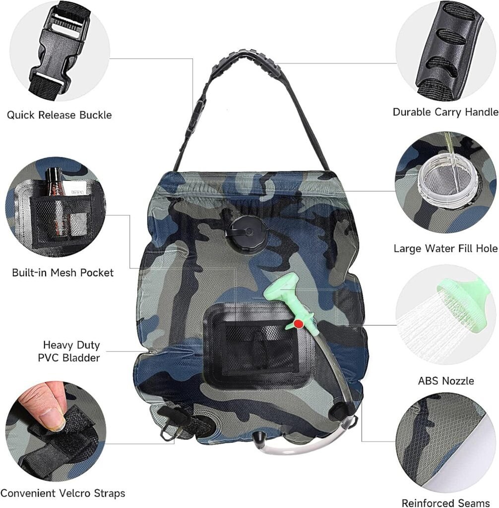 Unniweei Solar Portable Shower Bag, 5 Gal/20L Solar Heating Camping Shower Bag with Removable HoseOn-Off Switchable Shower Head, Compact Camping Shower for Camping, Hiking, Traveling, Beach Swimming