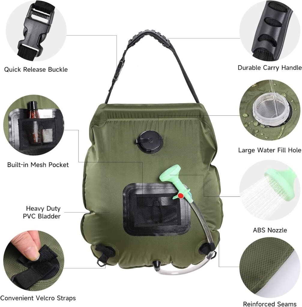 Unniweei Solar Portable Shower Bag, 5 Gal/20L Solar Heating Camping Shower Bag with Removable HoseOn-Off Switchable Shower Head, Compact Camping Shower for Camping, Hiking, Traveling, Beach Swimming