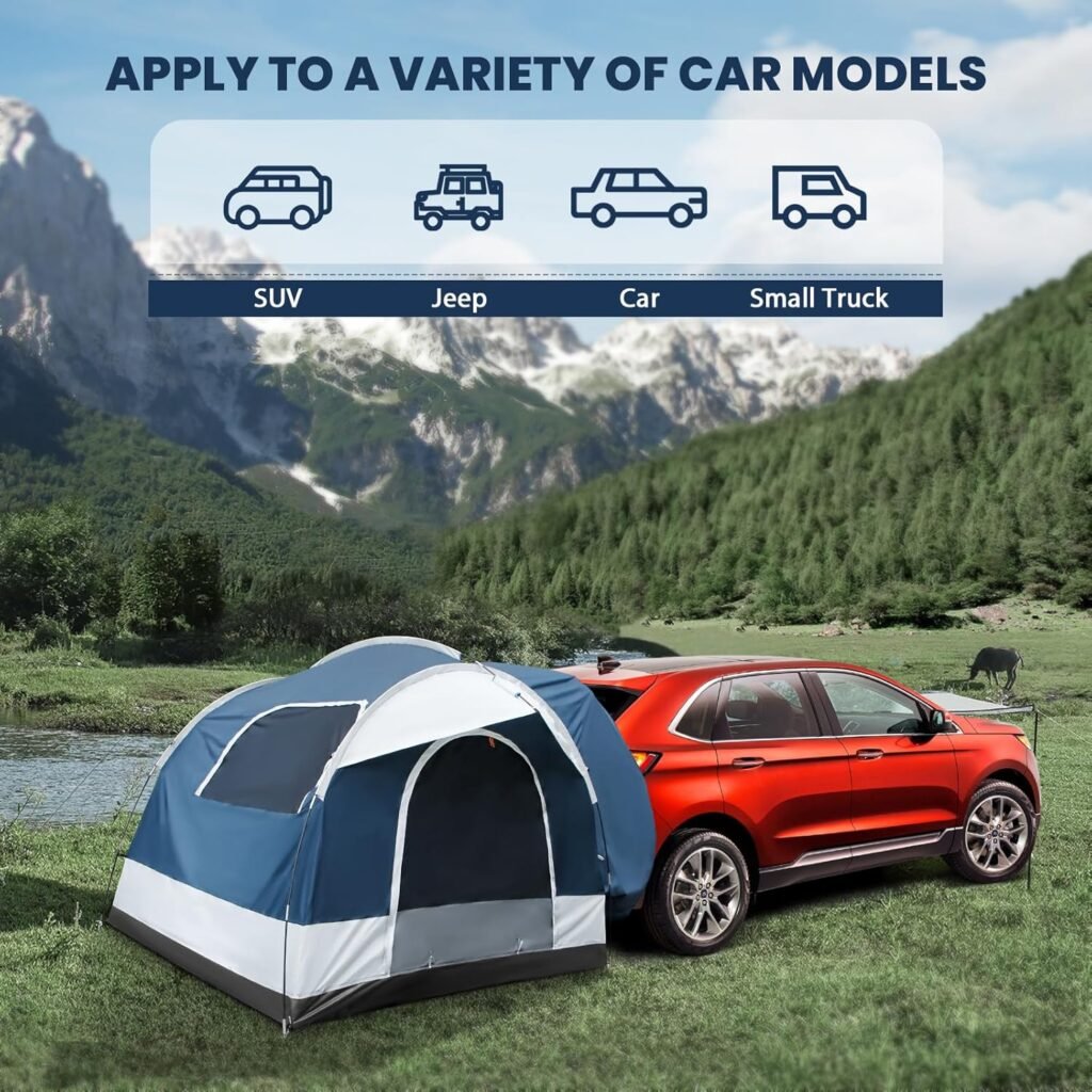 FAHKNS SUV Camping Tent 4 Person Capacity Universal Car Rear Tent for Camping with 2 Doors  Mesh Design PU2000 Waterproof SUV Car Tents for Outdoor Travel Camping, 8 W x 8 L x 6.6 H