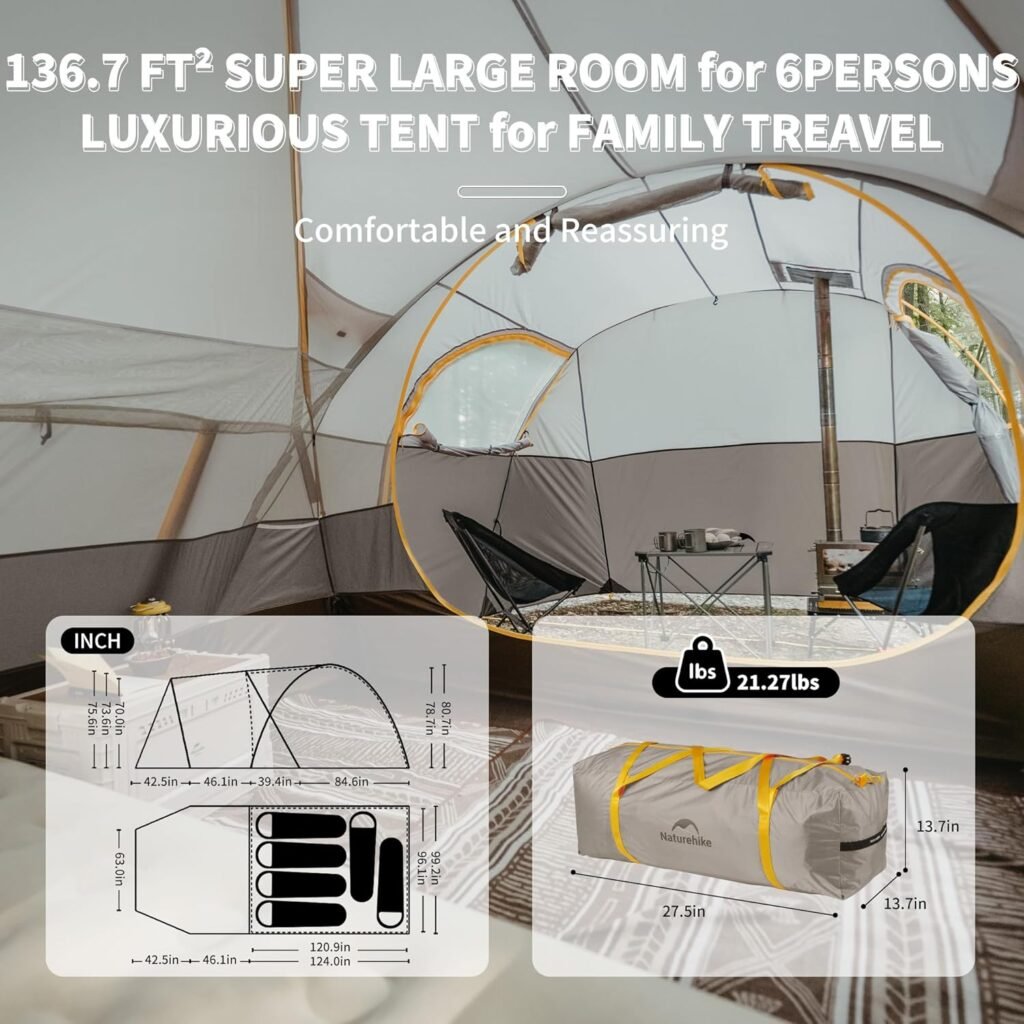 Naturehike KOTA 6 Person Tent, Hot Tent with Stove Jack,UPF50+ Waterproof 4 Season Tent, 6 Person Camping Tent, Windproof Cold Weather Winter Tent