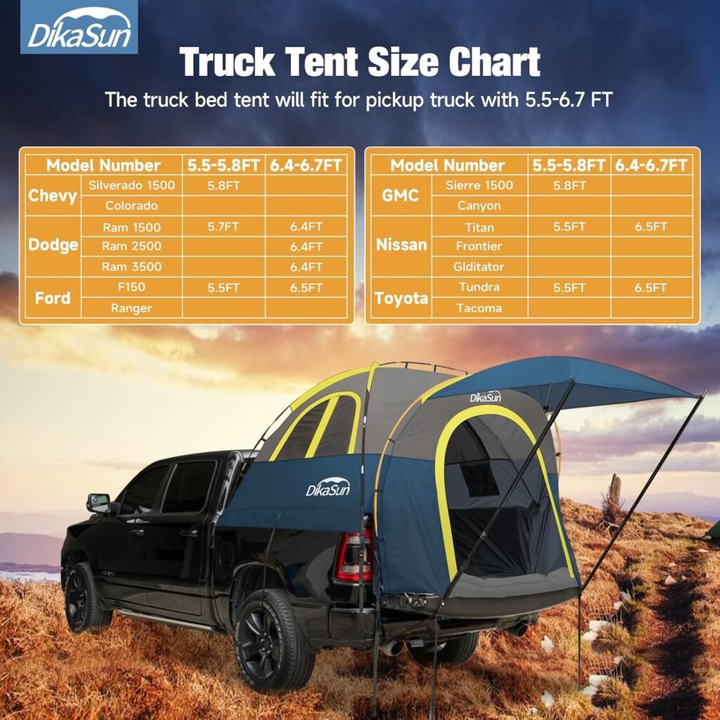 Pickup Truck Tent with Awning for 5.5-5.8ft Truck Bed, Double Layer Waterproof PU3000 Truck Bed Tent for 2 Person 3 Season Camping and Outdoor