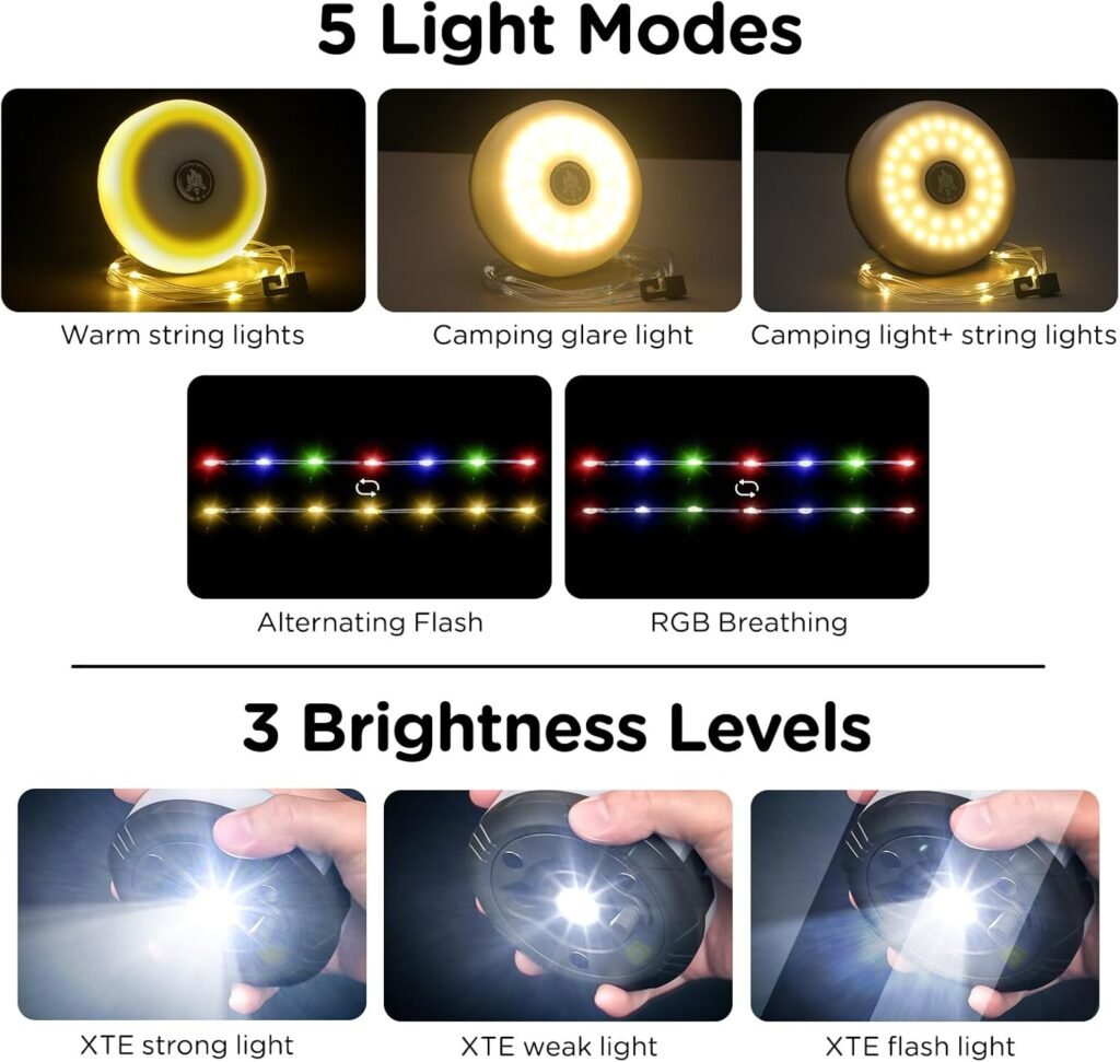 Camping String Lights, 4 in 1 Quick Storage 32.8FT Rechargeable Tent Lights String with 8 Lighting Modes, Hanging Waterproof Portable LED Lamp for Outdoor Patio Awning Garden Party Essentials