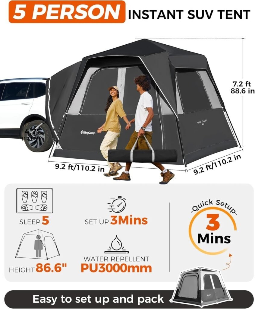 KingCamp SUV Tent for Camping 5 Person Easy Set Up Car Camping Portable Tent with Movie Screen, PU3000mm Waterproof with Rainfly and Storage Bag, 9.2FT L x 9.2FT W x 7.2FT H