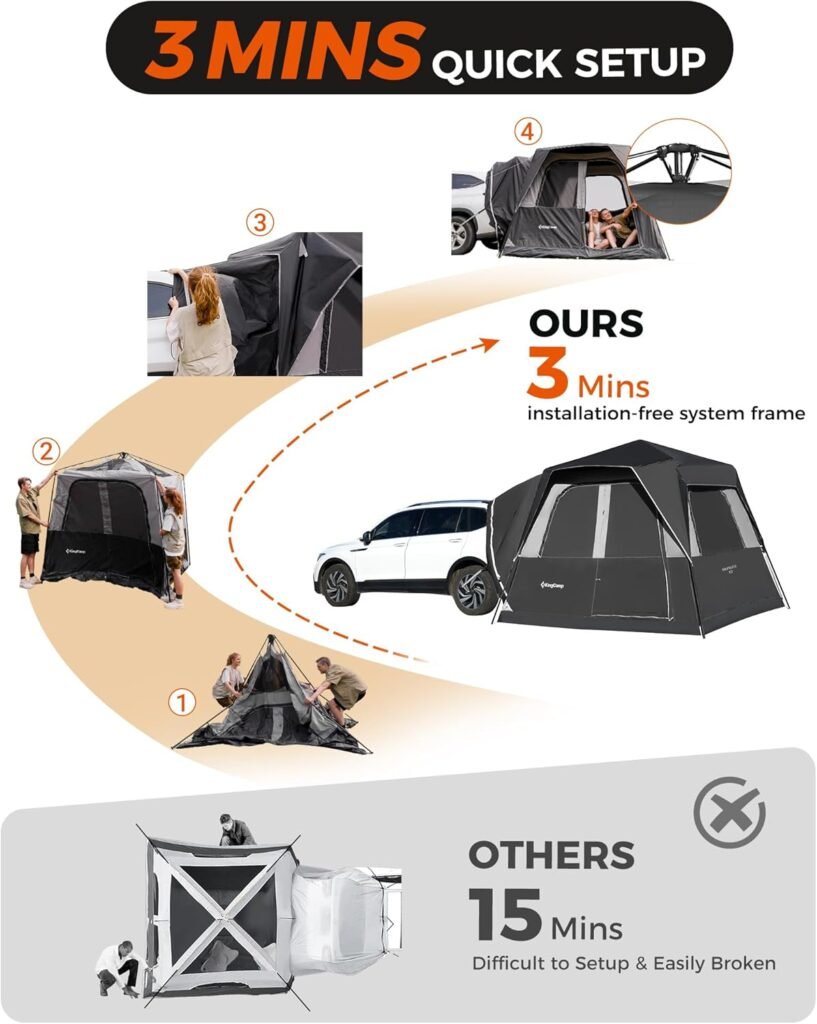 KingCamp SUV Tent for Camping 5 Person Easy Set Up Car Camping Portable Tent with Movie Screen, PU3000mm Waterproof with Rainfly and Storage Bag, 9.2FT L x 9.2FT W x 7.2FT H