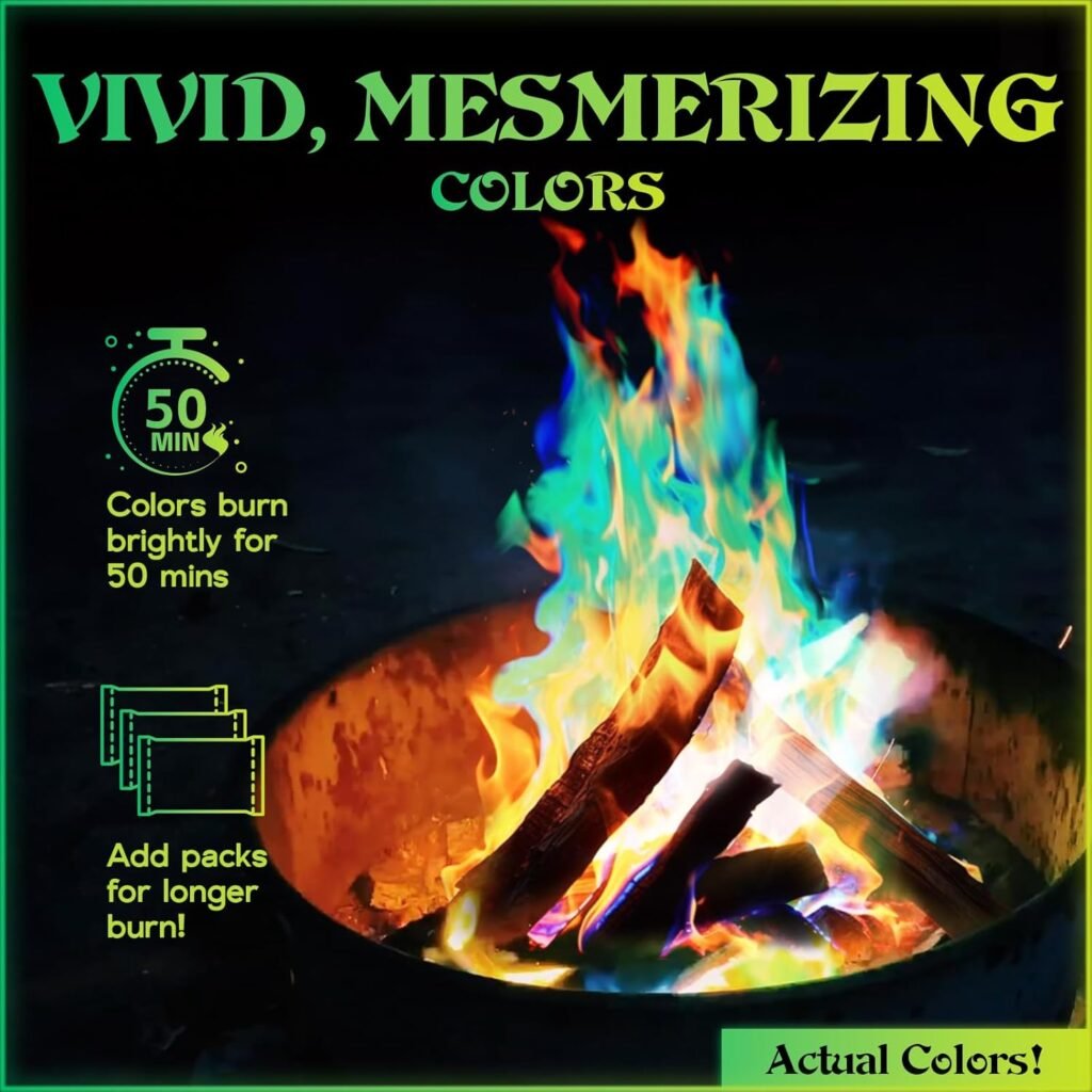 MEKER Fire Color Changing Packets - Fire Pit, Campfires, Outdoor Fireplaces, Bonfire - Magic Colorful Changing Fire - Perfect Fire Camping Accessories for Kids  Adults (12 Pack)
