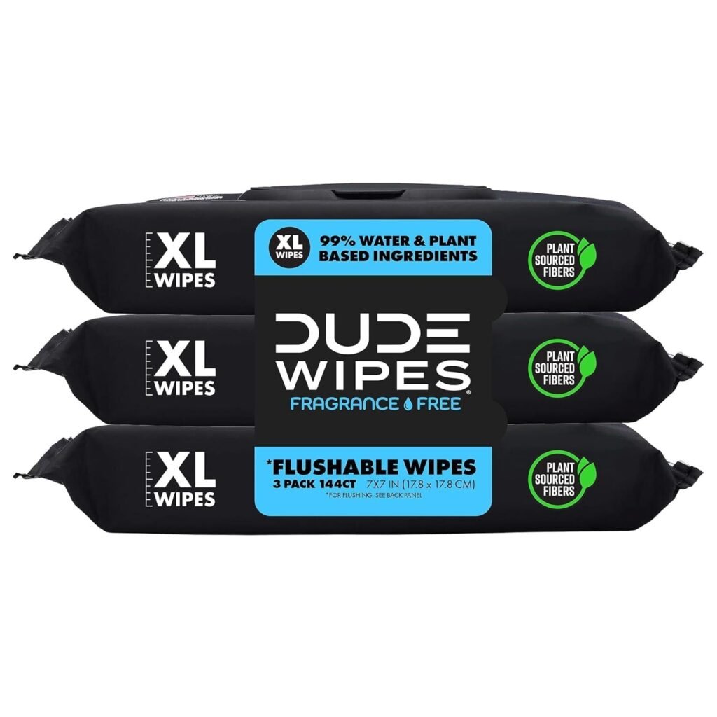 DUDE Wipes - Flushable Wipes - 3 Pack, 144 Wipes - Unscented Extra-Large Adult Wet Wipes - Vitamin-E  Aloe - Septic and Sewer Safe