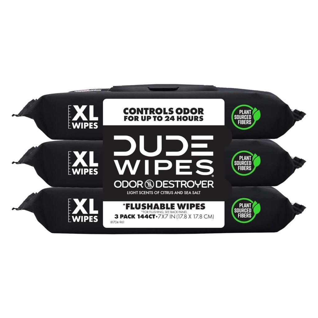 DUDE Wipes - Flushable Wipes - 3 Pack, 144 Wipes - Unscented Extra-Large Adult Wet Wipes - Vitamin-E  Aloe - Septic and Sewer Safe