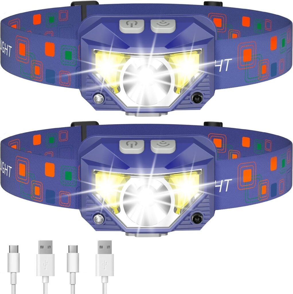 LHKNL Headlamp Flashlight, Lumen Ultra-Light Bright LED Rechargeable Headlight with White Red Light, 2-Pack Waterproof Motion Sensor Head Lamp,8 Modes for Outdoor Camping Running Hiking Fishing